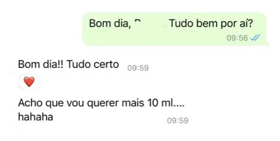Paciente diz no WhatsApp que vai querer mais 10 ml de preenchimento