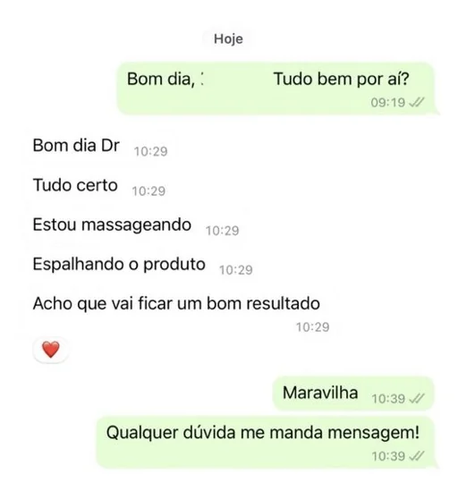 Paciente relata no WhatsApp que está massageando o produto e acredita que terá um bom resultado